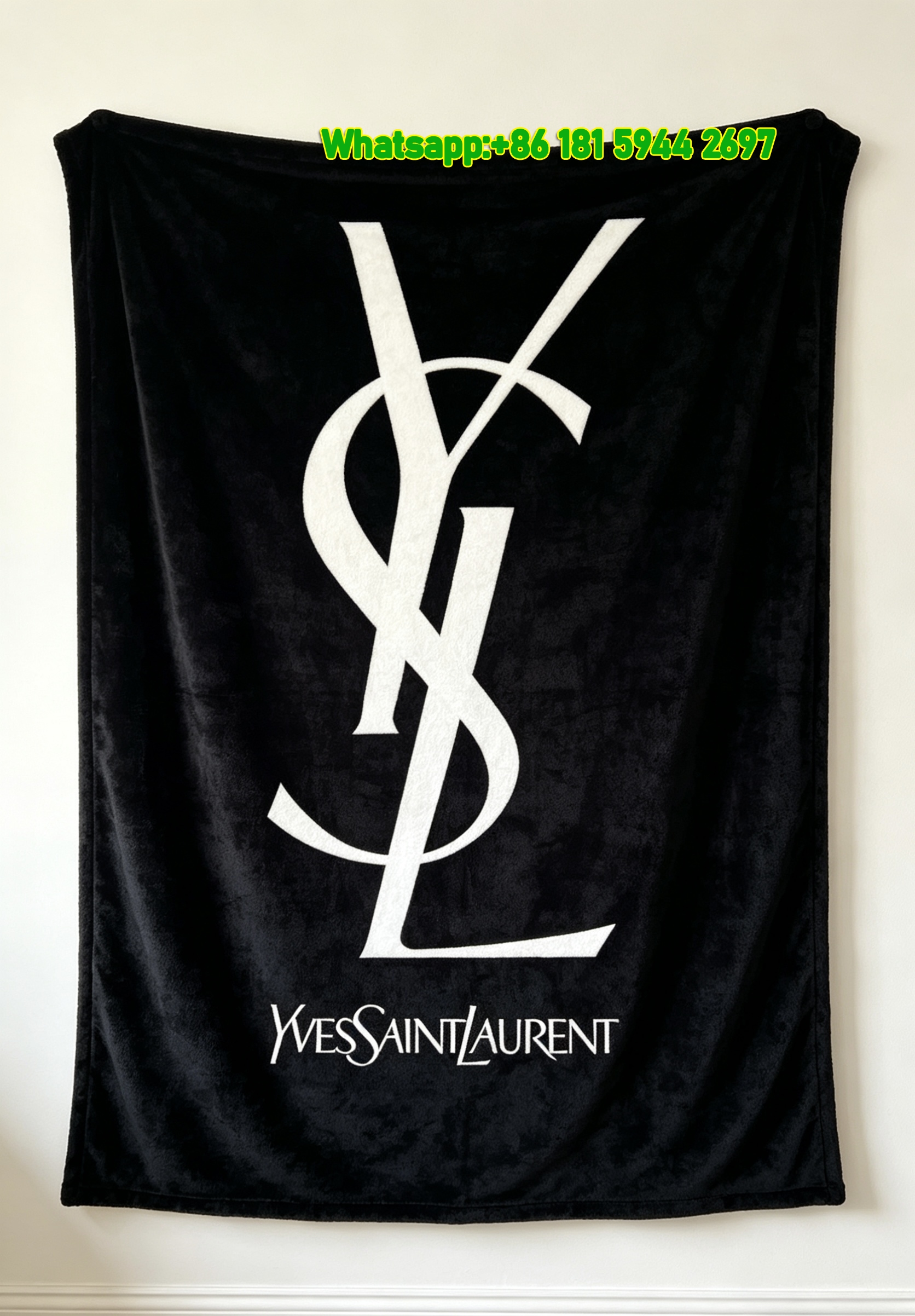Yves Saint Laurent YSL Black and White Classic Logo Printed Fleece Throw Blanket IMG_3208